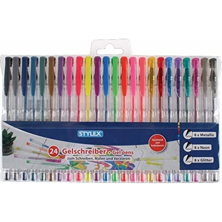 Stylex 24 Gelschreiber mit 8 Metallicfarben 8 Neonfarben 8 Glitterfarben