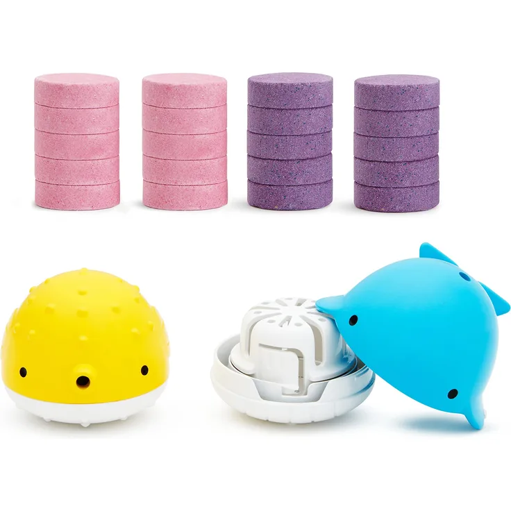 Munchkin Colour Buddies Moisturising Bath Bombs & Toy Dispenser Set for children, 22 Piece Set Includes 20x Colourful Bath Bombs and 2x Toy Dispensers