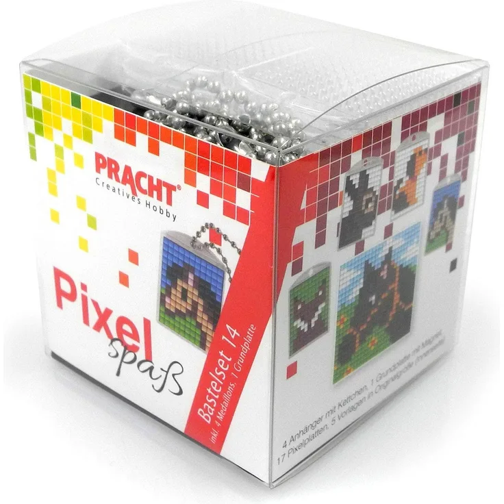 Pixel P90034-63501 Spaß Bastelset 14, zur Gestaltung von 4 Schlüsselanhängern (Medaillons) für Kinder, kinderleichtes Stecksystem, ohne Bügeln und Kleben, Steinchen aus Biokunststoff