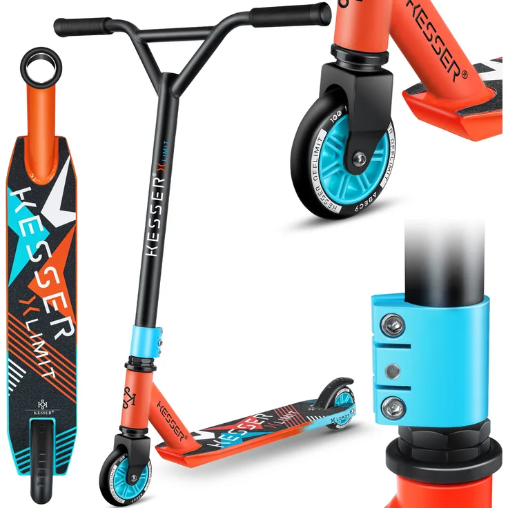 KESSER® Scooter Funscooter Stuntscooter X-Limit - 360° Lenkung mit ABEC 9 Kugellagern 100 mm PU Räder Robuster Kickscooter Tretroller Cityroller Trick Roller für Kinder Erwachsene Rot / Hellblau