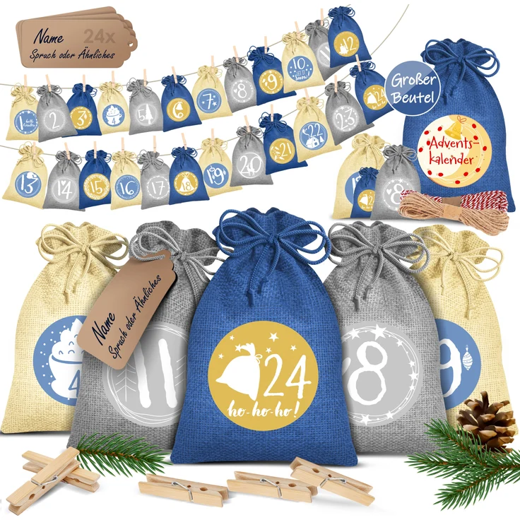 KESSER® Adventskalender zum Befüllen 24 Jutebeutel Gedruckte Stoffbeutel Kinder Weihnachtskalender zum Selber Befüllen Inkl. 24x Schildchen + 1 Großer Aufbewahrungsbeutel Stoff Blau, 16x12cm