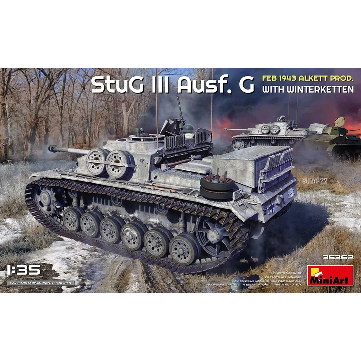 Mini Art MA35362 35362 StuG III AUSF G Feb 1943 Alkett Prod Mit Winterketten, Maßstab 1:35, Plastic Model Kit, Modell aus Kunststoff zur Selbstmontage, Modellbau