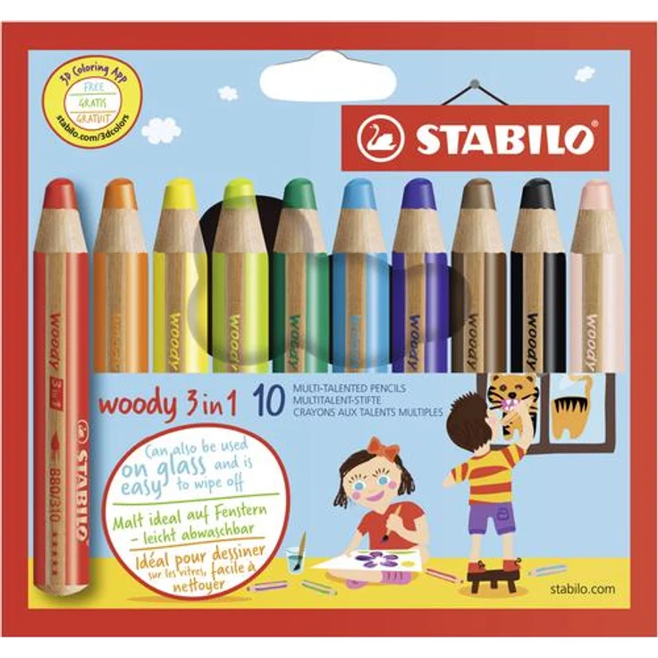 Buntstift, Wasserfarbe & Wachsmalkreide - STABILO woody 3 in 1 - 10er Pack - mit 10 verschiedenen Farben – Bild 1