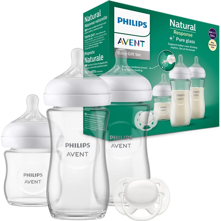 Philips Avent Babyflaschen aus Glas, Geschenkset für Neugeborene – 3 Babyflaschen Natural Response, ultra soft Schnuller, für Babys von 0–6 Monaten und älter (Modell SCD878/11) – Bild 1
