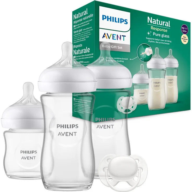 Philips Avent Babyflaschen aus Glas, Geschenkset für Neugeborene – 3 Babyflaschen Natural Response, ultra soft Schnuller, für Babys von 0–6 Monaten und älter (Modell SCD878/11)