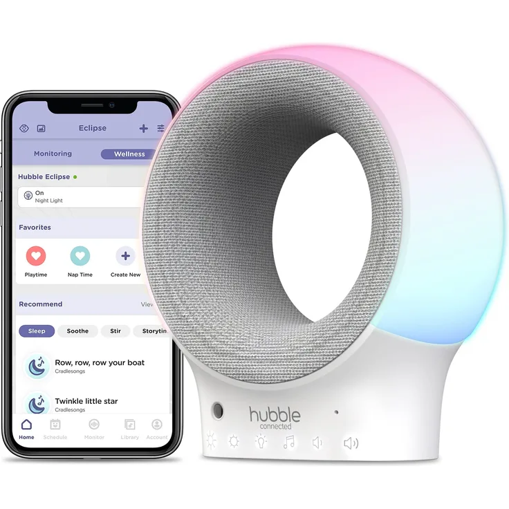Hubble Connected Eclipse intelligenter Wi-Fi-Audiomonitor und Schnuller mit 7-farbigem Nachtlicht, SleepTrainer, vorinstallierten Schlafliedern, Bluetooth-Lautsprecher und Raumtemperatursensor