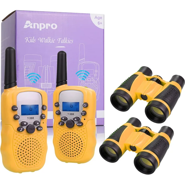 Anpro 2Stk Walkie Talkie Set mit 2Stk 5x30 Ferngläser, Kinder Funkgeräte 1-3KM Reichweite 8 Kanäle 2-Wege-Radio-Spielzeug mit Taschenlampe LCD Bildschirm Geschenk für Kinder, Gelb