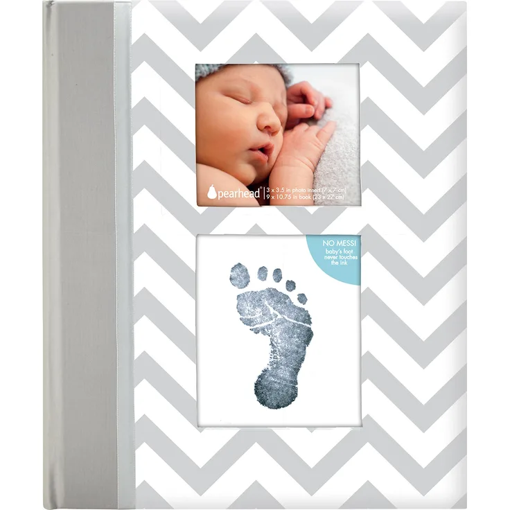 Pearhead P62200 Chevron Babybuch mit Clean Touch Stempelkissen, grau (Texte auf Englisch)