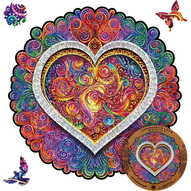 UNIDRAGON Original Holzpuzzle — Mandala Сonscious Love, 700 Teile, Royal Größe 17. 7x17. 7 Zoll (45x45 cm) Schöne Geschenkverpackung, Einzigartige Form Erwachsene und Kinder