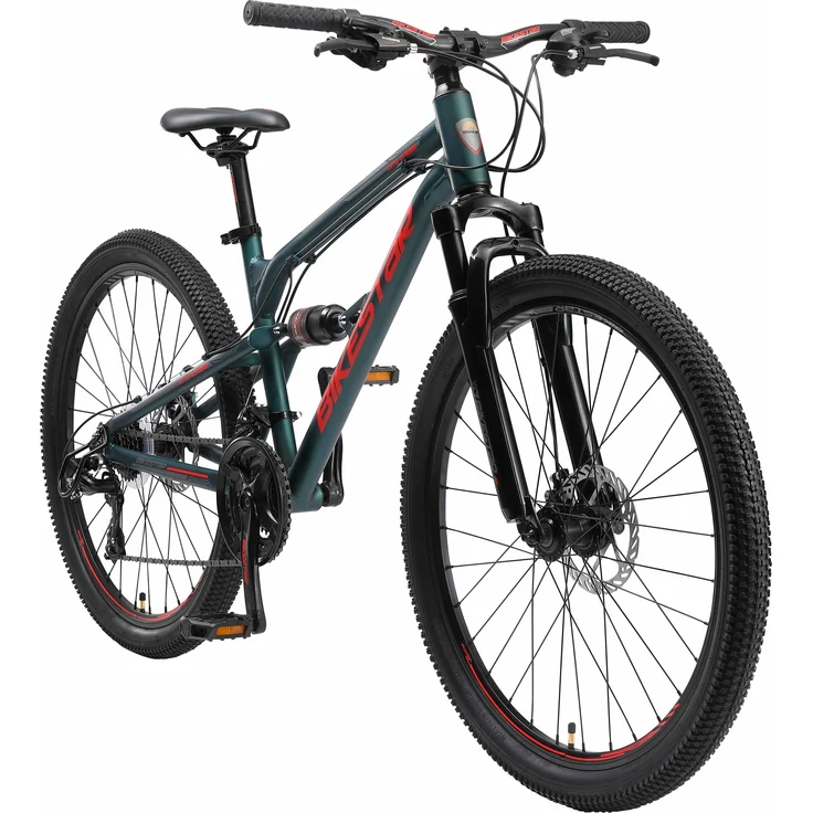 BIKESTAR Vollgefedert Aluminium Mountainbike 26 Zoll, 21 Gang Shimano Schaltung mit Scheibenbremse | 16 Zoll Rahmen Fully MTB Erwachsenen- und Jugendfahrrad | Grün – Bild 1