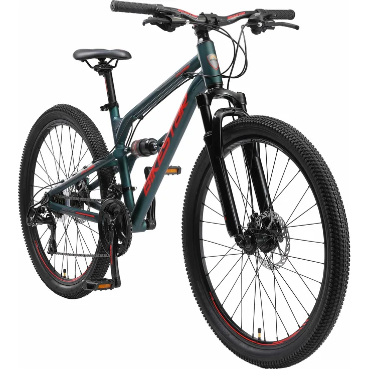 BIKESTAR Vollgefedert Aluminium Mountainbike 26 Zoll, 21 Gang Shimano Schaltung mit Scheibenbremse | 16 Zoll Rahmen Fully MTB Erwachsenen- und Jugendfahrrad | Grün