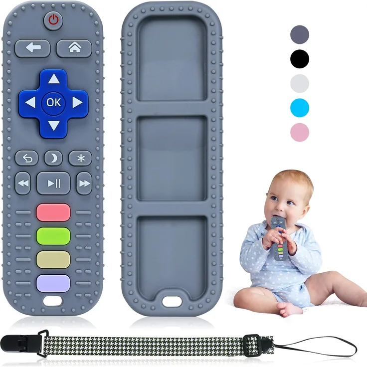 Orzbow Beißring Baby,Silikon Fernbedienung Beissring Baby mit Schnullerkette,BPA-frei Zahnungshilfe Baby für 0-12+ Monate Kleinkinder,Beißspielzeug Baby (Dunkelgrau)