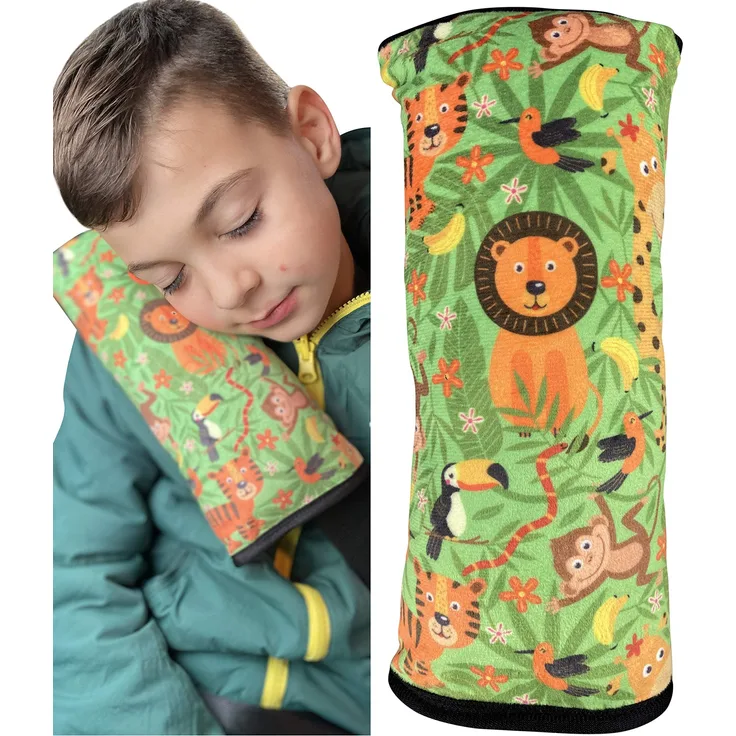 HECKBO Auto Schlafkissen Dschungel Motiv für Kinder Mädchen Jungen - maschinenwaschbar – kuschelweich - Auto Gurtkissen, Gurtschoner, Gurtschutz Sitzerhöhung, Auto Kissen, Reisekissen, Urlaub