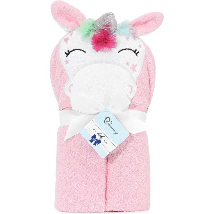 Be Mammy Kapuzenhandtuch Babyhandtuch aus Baumwolle 95cm x 95cm BE20-272-BBL (Rosa - Einhorn)