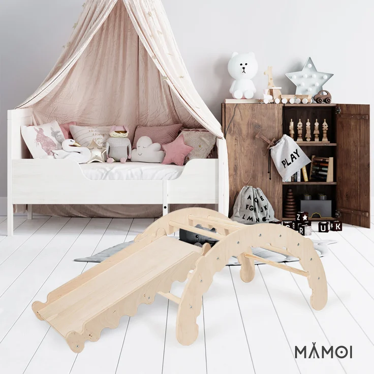 MAMOI® Klettergerüst indoor für Kinder | Kletterbogen mit Rutsche | Triangle Gym | Wippe Holz | Triangle Gym Dreieck | Kletterdreieck für Kinderzimmer | CE | 100% ECO | Made in EU – Bild 10