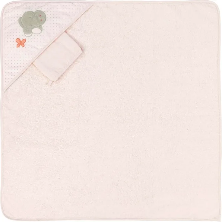 Nattou Kapuzenbadetuch und Waschhandschuh Elefant Adèle, 75 x 75 cm, Adèle und Valentine, Rosa