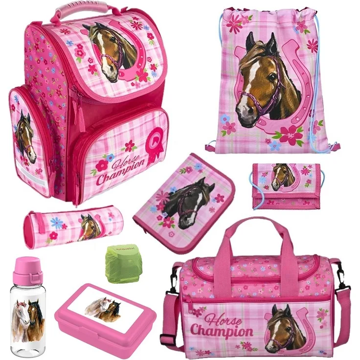Mädchen Schulranzen 1. Klasse HORSE CHAMPION 9-teiliges Pferde Schulranzen Set mit Sporttasche