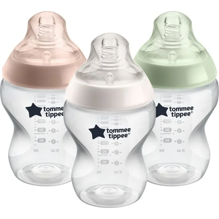 Tommee Tippee Closer to Nature Babyflaschen, Natürlich geformter Trinksauger mit Anti-Kolik-Ventil, 260 ml, 3er-Set, Mehrfarbig