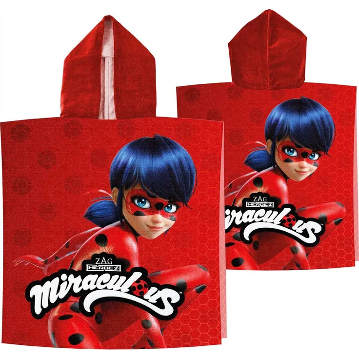 Miraculous Ladybug Kinder-Kaputzen-Bade-Poncho Rot 60 x 120 cm 100% Baumwolle Veloursqualität Pareo Poncho Bademantel Badetuch Strandtuch Duschtuch Handtuch Cat Noir Paris passend zur Bettwäsche