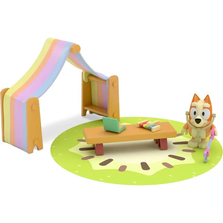 Bluey Bingo's Playroom Offizielles Sammlerspielset mit beweglichem 6,3 cm Bingo-Actionfigur und 6 lustigen Accessoires Kiwi-Teppich, Zelt, Bank, Xylophon, Kralle und Ärztestethoskop – Bild 1