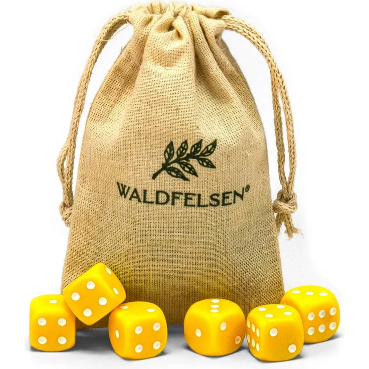 6 hochqualitative Würfel von Waldfelsen® Standardgröße 16 mm Acrylwürfel Knobel Spielwürfel Dice 6-seitig sechsseitig Spielzubehör Set mit Stoffbeutel (Gelb, 6 Stück)