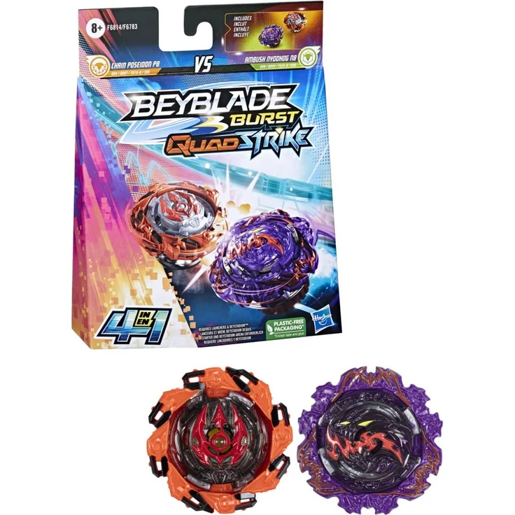 Beyblade Burst QuadStrike Dual Pack, 2 Stück Wettkampfkreisel Ambush Nyddhog N8 und Poseidon P8 – Bild 1