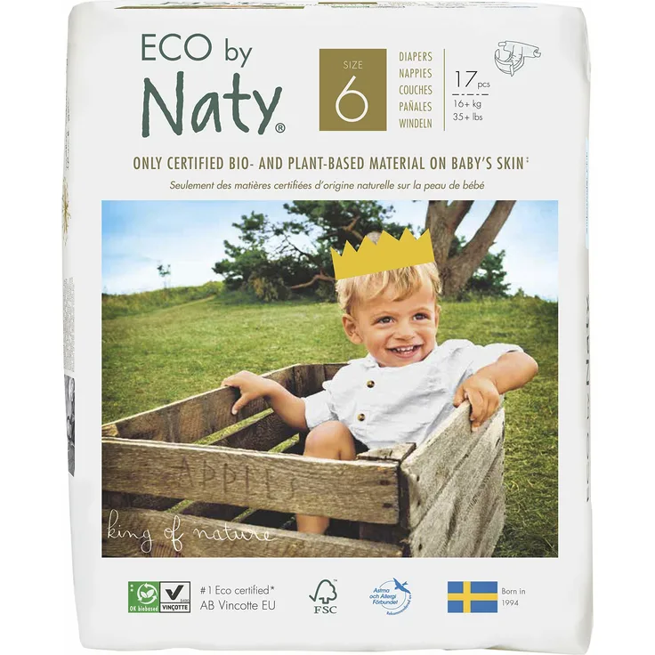 Eco by Naty, Größe 6, 102 Windeln, 16+ kg, MONATSVORRAT, pflanzliche Premium-BioWindeln mit 0% Plastik auf der Haut