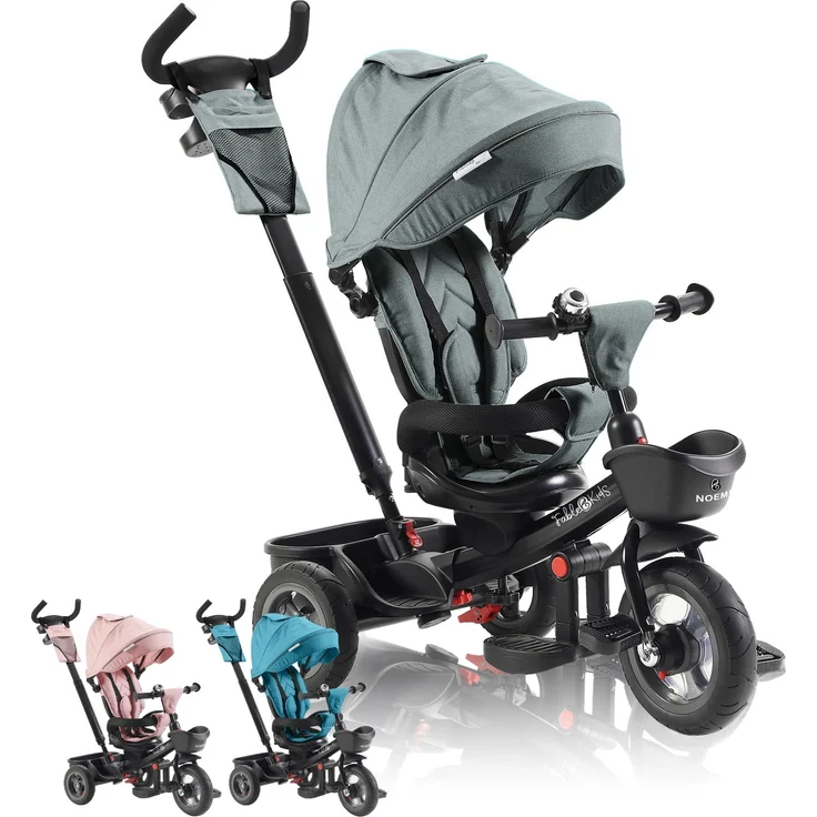 FableKids 5in1 Dreirad Noemi mit Schubstange ab 18 Monate bis 25kg, Vorwärts und Rückwärtsfahrt, PU-Reifen, Freilauf geräumiger, Korb, Tasche, Getränkehalter - Grau – Bild 1