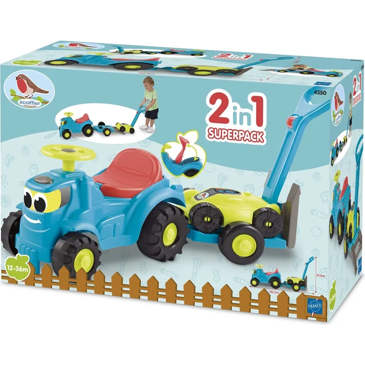 Ecoiffier – Rutschauto mit Rasenmäher – 2in1 Kindertraktor mit Anhänger und Rasenmäher, Gartenspielzeug für Kinder ab 12 Monaten – Bild 1