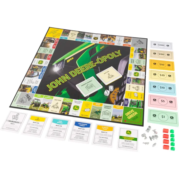 JOHN DEERE 47285 Opoly, Familienspiele, Spaß für Erwachsene, Familie Brettspiel, Geeignet für Kinder ab 8 Jahren, Mehrfarbig