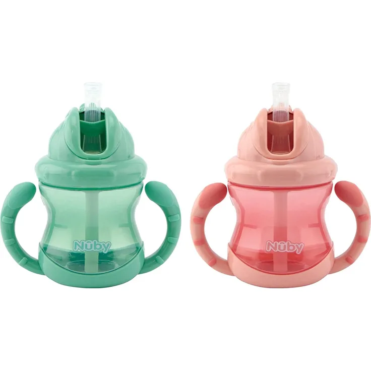 Nûby - Set von 2 Flip-it Trinkbecher mit auslaufsicheren Silikon-Trinkhalm - mit Griffen und Click-it Verschluss-System - 240ml - rosa und grün - 12+ Monate