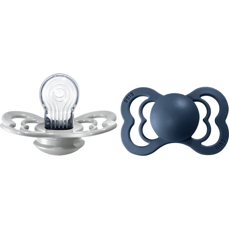 BIBS Supreme Schnuller 2er-Pack, BPA-frei, Symmetrischer Nippel. Silikon, Hergestellt in Dänemark. 6-18 Monate (2er Pack), Cloud / Steel Blue – Bild 1