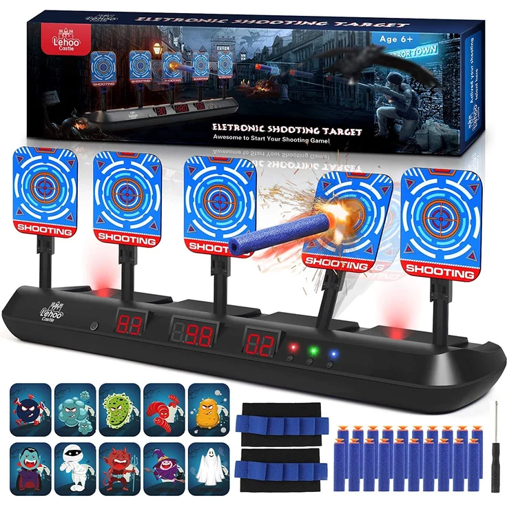 Lehoo Castle Nerf Zielscheibe, 5 Ziele Nerf Zielscheibe Elektrisch mit Licht und Sounds, Auto-Reset Elektro-Schießscheiben mit Foam Darts Pfeile, Geschenk für Jungen