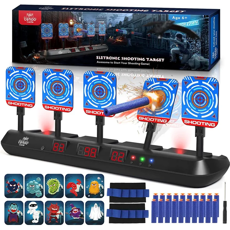 Lehoo Castle Nerf Zielscheibe, 5 Ziele Nerf Zielscheibe Elektrisch mit Licht und Sounds, Auto-Reset Elektro-Schießscheiben mit Foam Darts Pfeile, Geschenk für Jungen