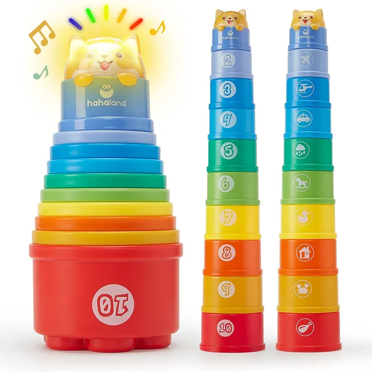 10 Stück Stapelbecher Baby Spielzeug ab 1 Jahr, Regenbogen Stapelturm Baby Spielzeug mit Lichter Klänge Zahlen Nisten, Badespielzeug Strandspielzeug für ab 1 2 3 Jahr Junge Mädchen