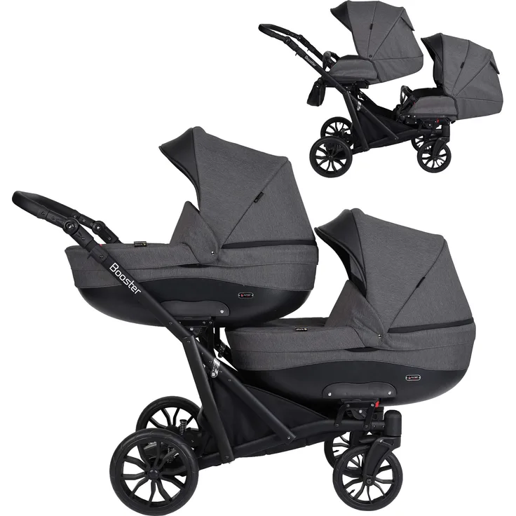 KUNERT BOOSTER 2in1 Kinderwagen Komplettset Zwillingskinderwagen Babywagen 2 in 1 Kombikinderwagen Komplettset Geschwisterwagen Kinder Wagen set Zwillingsbuggy Doppelkinderwagen (Graphit, 2 in 1)