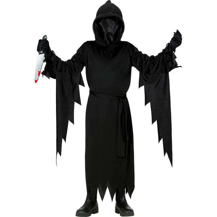Widmann - Kinderkostüm Sensenmann, 2-teilig, Robe mit Kapuze und Maske, Gürtel, unsichtbares Gesicht, Grim Reaper, Killer, Kostüm, Verkleidung, Mottoparty, Karneval, Halloween,158 cm