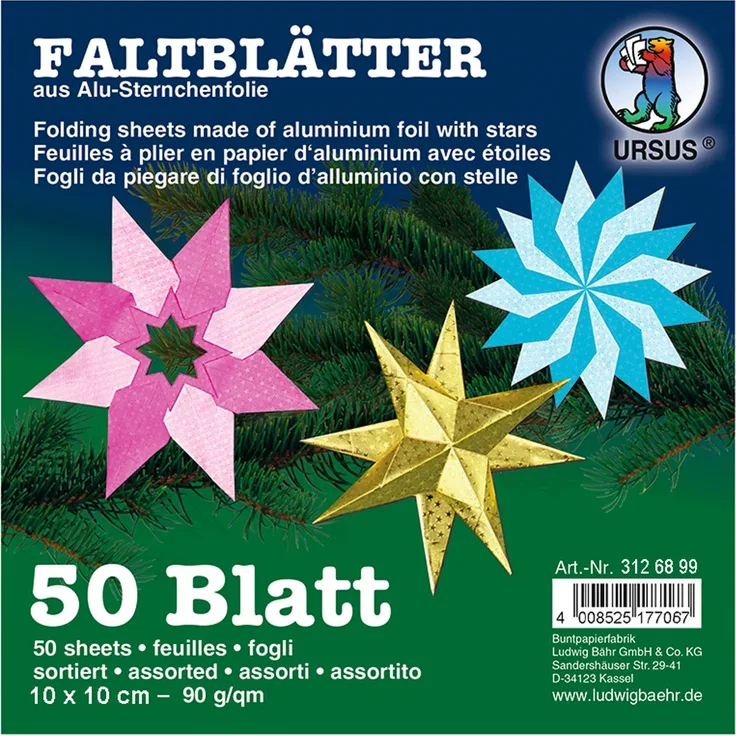 Ursus 3126899 Faltblätter Alu mit Sternchen, ca. 10 x 10 cm, 90 g/qm, 50 Blatt in 10 verschiedenen Farben, beidseitig bedruckt, mit Sternchenprägung, ideale Grundlage für kreative Bastelarbeiten