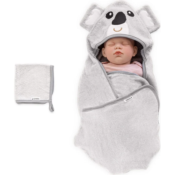 Navaris Baby Handtuch mit Kapuze und Waschlappen - Set aus Bambus - Badetuch ab 0 Monate - Kapuzenhandtuch 70x70cm Ökotex zertifiziert - Koala Design – Bild 1