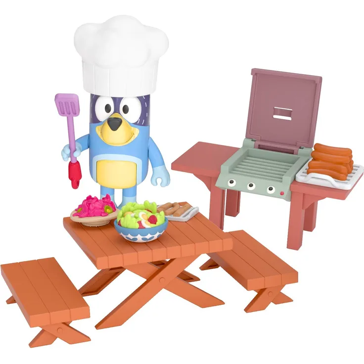 Heroes of Goo Jit Zu Bluey Spielset „Bandits Grillparty“ mit beweglicher 6 cm Bandit-Figur und Zubehör - offizieller Bluey-Sammelartikel