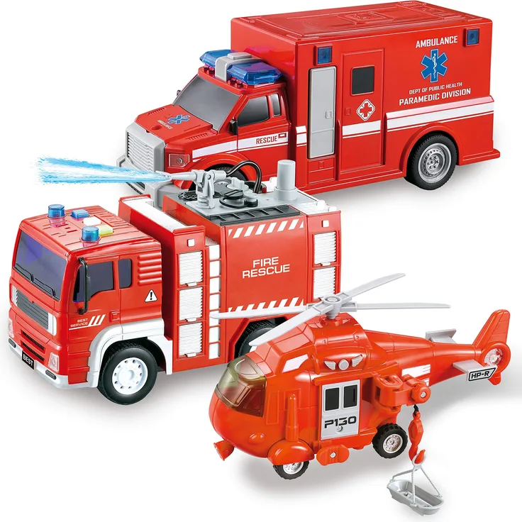 JOYIN 3 in 1 Reibungsgetriebenes Feuerwehr Spielzeug, Rettung Fahrzeug LKW Auto Set mit Hubschrauber, Krankenwagen und Feuerwehrauto mit Licht und Ton, Geschenk für Kinder Jungen