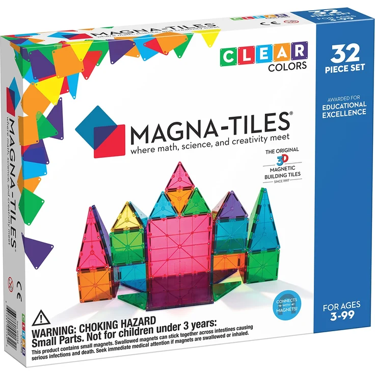 Magna-Tiles 32-teiliges Set Clear Colours mit unterschiedlichen, magnetischen 3D-Bausteinen in klaren Farben, fördert spielerisches Lernen – Bild 1