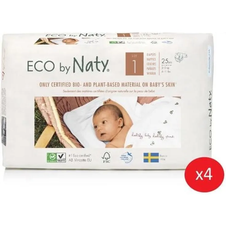 NATY - Packung mit 4 Windelpackungen Größe 1 Neugeborene 2-5 kg 25 Stk