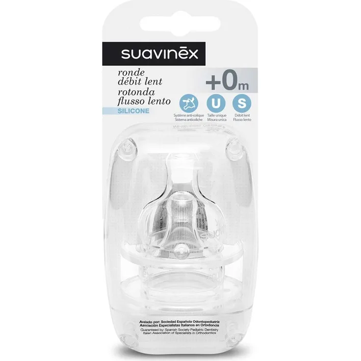 Suavinex Set mit 2 Schnullern mit runder Spitze und langsamem Debit, aus Silikon, 0+ Monate