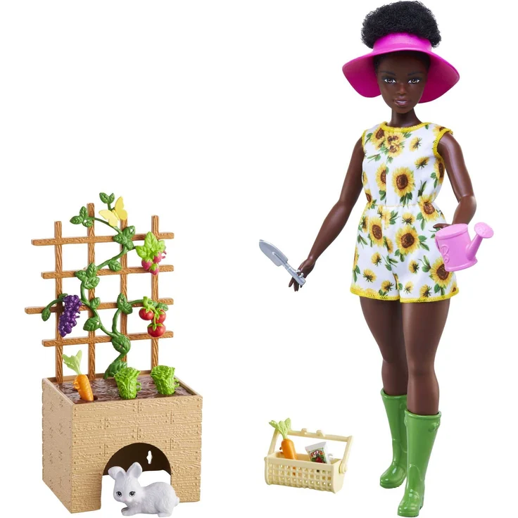 Barbie HCD45 - Garten-Spielset mit Barbie-Puppe (ca. 29 cm, brünett, kurvig), Häschen, Rankgitter mit Steckvorrichtung für Obst und Gemüse und Gartenzubehör, Spielzeug Geschenk für Kinder ab 3 Jahren