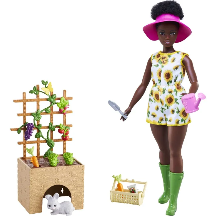 Barbie HCD45 - Garten-Spielset mit Barbie-Puppe (ca. 29 cm, brünett, kurvig), Häschen, Rankgitter mit Steckvorrichtung für Obst und Gemüse und Gartenzubehör, Spielzeug Geschenk für Kinder ab 3 Jahren