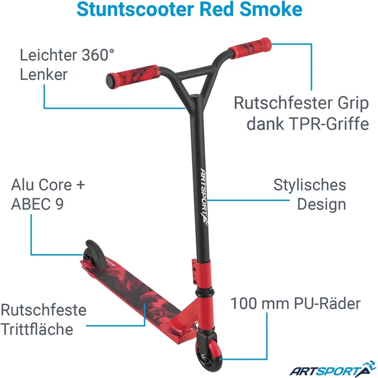 ArtSport 24631 'Stunt Scooter Red Smoke', ab 6 Jahren, 360° Lenker, 100 mm Alu Räder, max. belastbar bis 100 kg, rot/schwarz – Bild 6