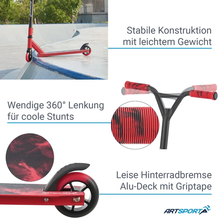 ArtSport 24631 'Stunt Scooter Red Smoke', ab 6 Jahren, 360° Lenker, 100 mm Alu Räder, max. belastbar bis 100 kg, rot/schwarz – Bild 7