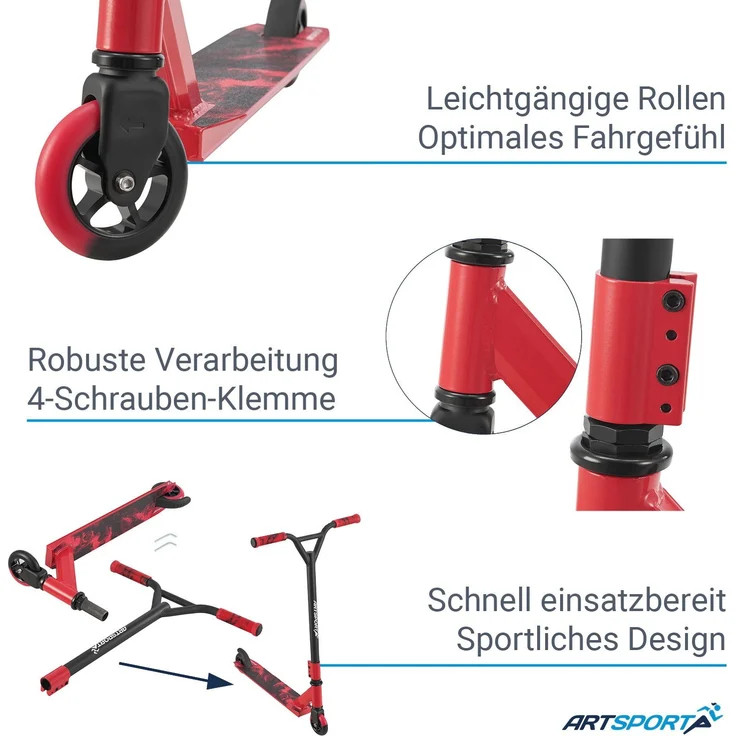 ArtSport 24631 'Stunt Scooter Red Smoke', ab 6 Jahren, 360° Lenker, 100 mm Alu Räder, max. belastbar bis 100 kg, rot/schwarz – Bild 8