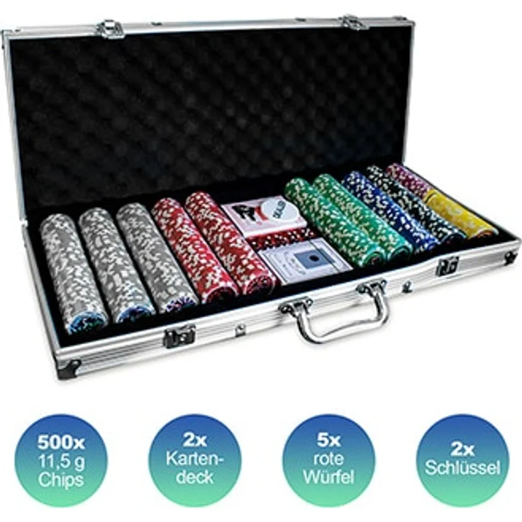 Pokerset im edlen Aluminium Koffer mit 500 Chips, Karten und Würfeln, Eaxus – Bild 8